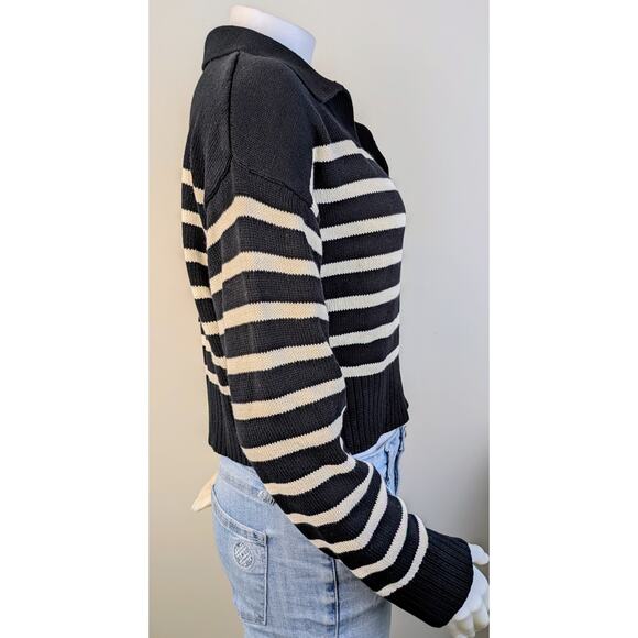 Olivaceous Ronald Black White Striped Deep V-Neck Collared Crop Sweater Medium - Picture 6 of 10